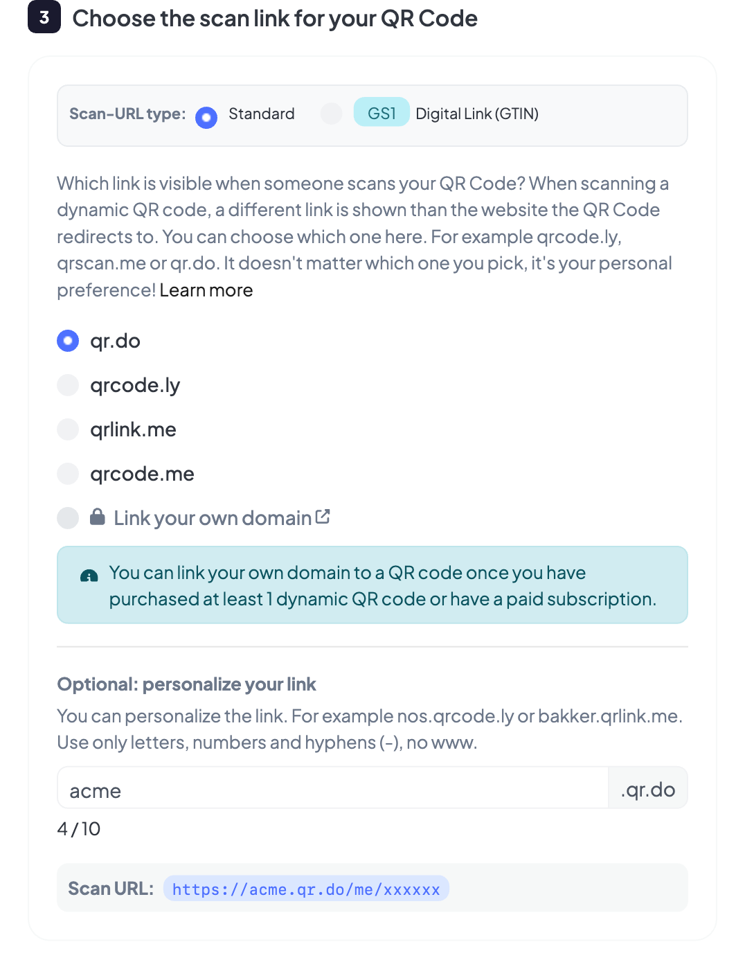 Choosing a scan URL in the QR generator: enter the target website, select a scan domain and personalize it
