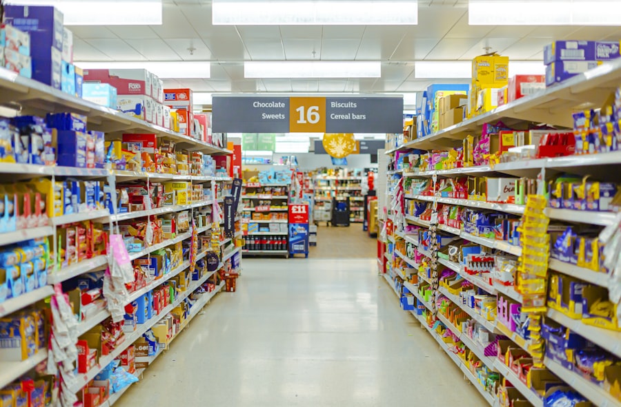 Shelves full of products in a supermarket, ready for the switch to QR codes on packaging