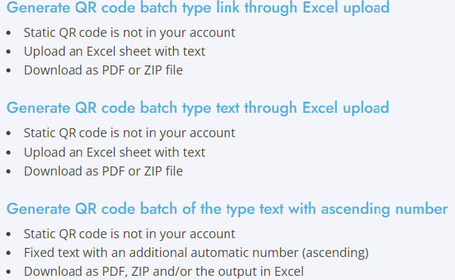 The 3 options when generating bulk QR codes. Link trough excel upload, text through excel upload, and QR code with ascending number.