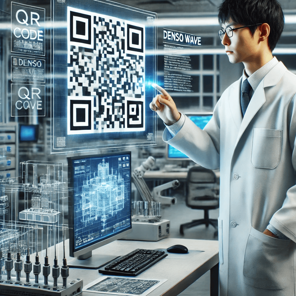 A-realistic-image-of-a-Japanese-engineer-working-in-a-high-tech-office-at-Denso-Wave-the-company-that-invented-the-QR-code.