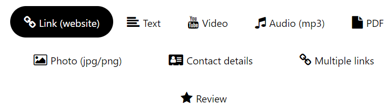 Screenshot of the homepage displaying the QR code types offered. These are: "Link", "Text", "Video", "Audio", "PDF", "Photo", "Contact details", "Multiple links", and "review".