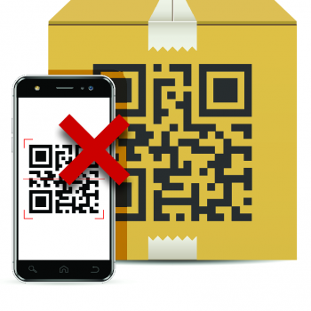 Illustrative image where phone is scanning a QR code with a red cross next to it.