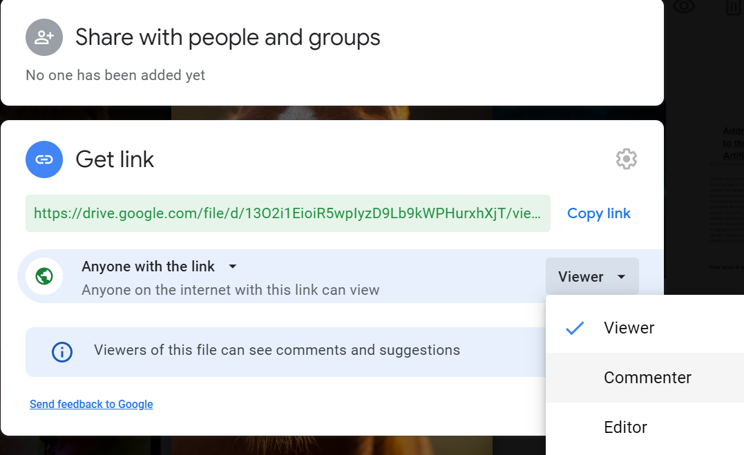 Screenshot of Google Drive sharing menu, where the link is openly accessible.