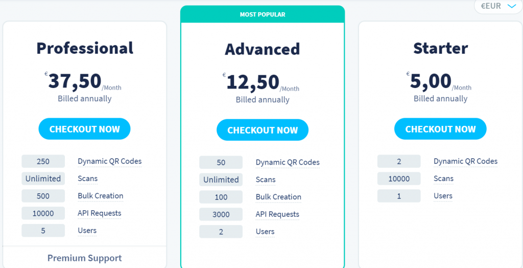 Screenshot of plan options at QRcodegenerator.com, where the cheapest plan is €12.50.