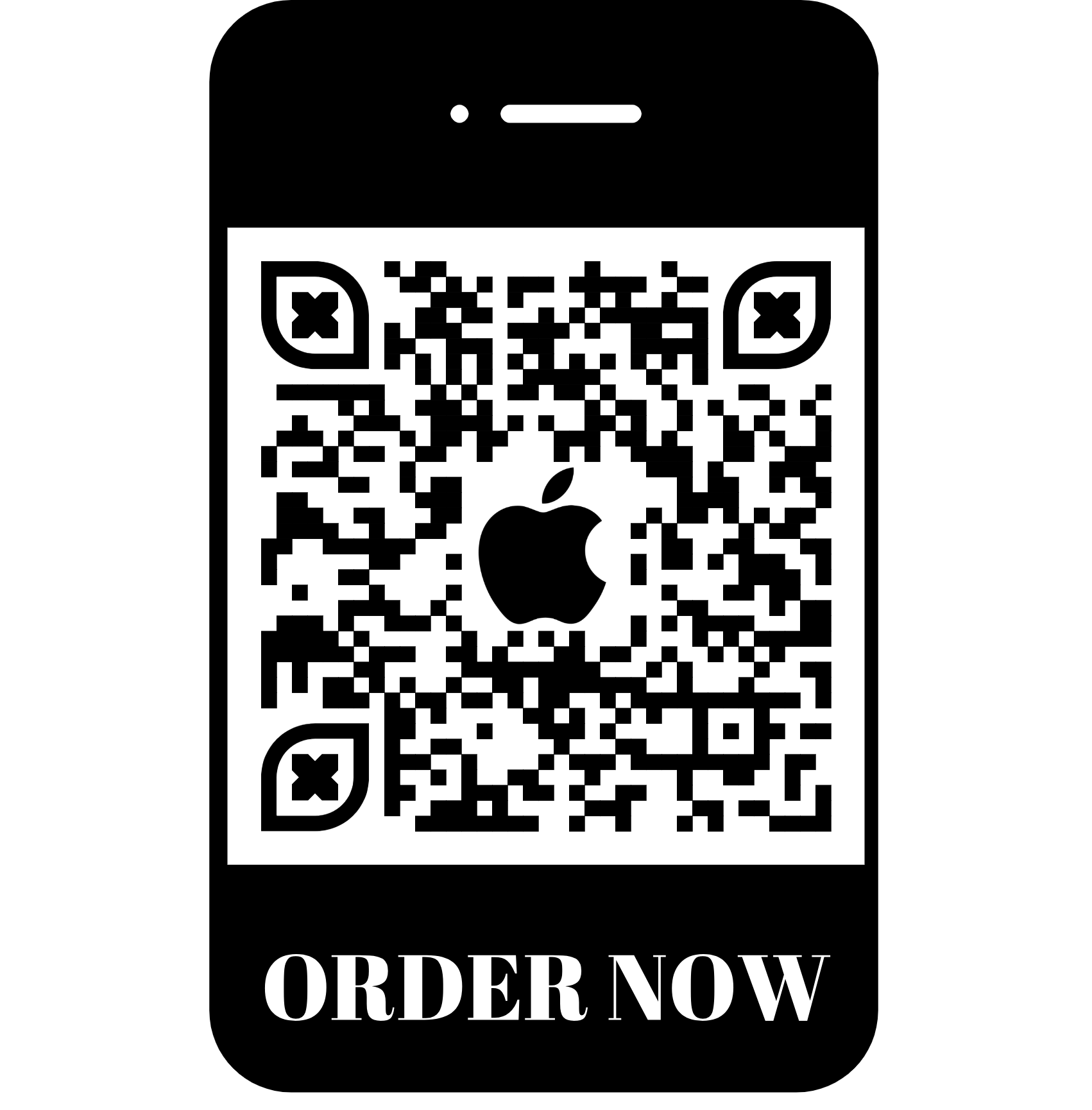 QR code in a phone-like frame containing an Apple logo and having the frame text "order now".