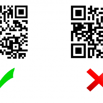 An image of a QR-code with higher quality with a green checkmark underneath, and a QR-code of lower quality with a red cross underneath.