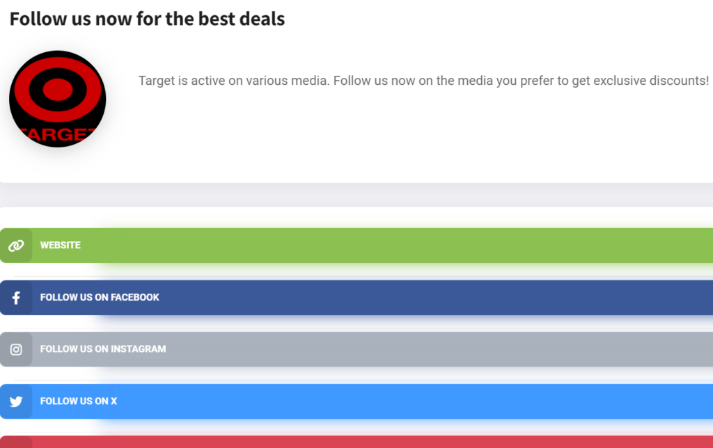 Screenshot of the landing page of the Target social media page. Here, a header with the Target logo can be fund, followed by an introductory text, and the buttons "website", "follow us on facebook", "follow us on instagram", and "follow us on X", each button with their respective logo's and brand colors.