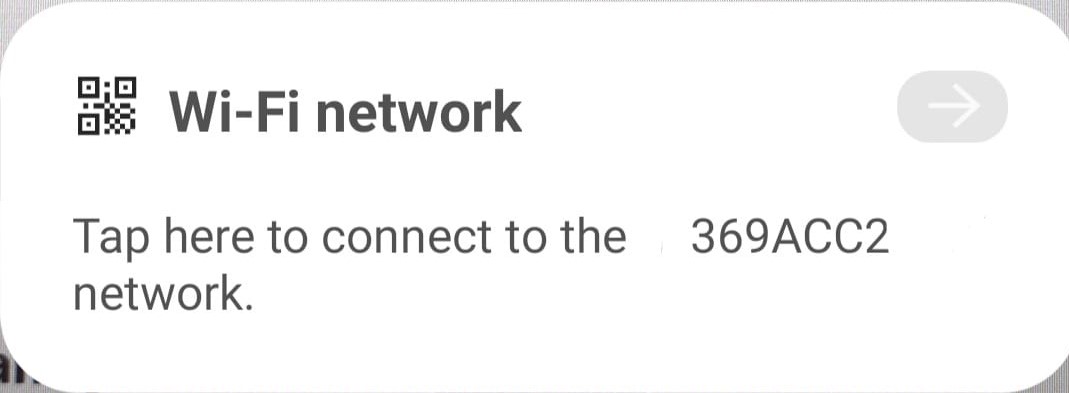 Screenshot of pop up on phone screen reading: Tap here to connect to the 369ACC2 network.