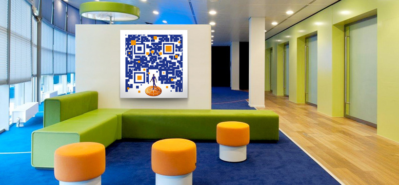 A canvas with a QR code with the company logo incorporated into it, displayed in a company waiting room.