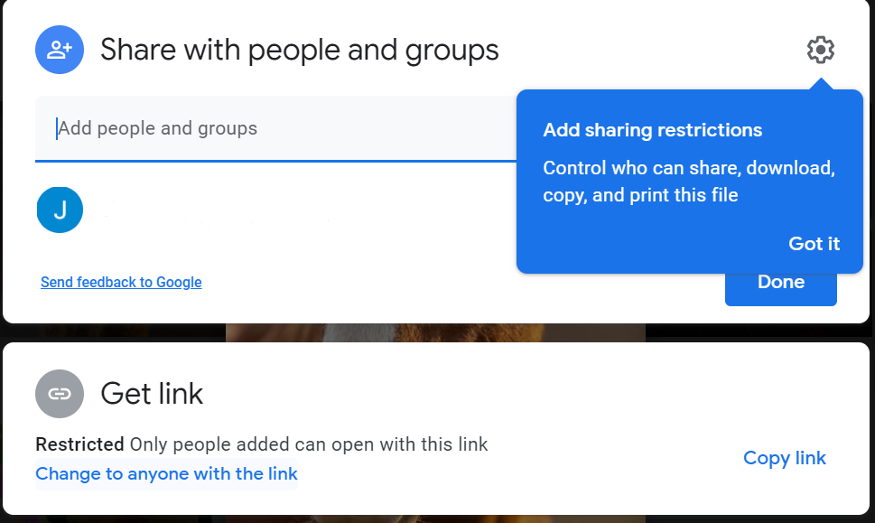 Screenshot of the google drive sharing menu, where the access to the link is restricted.