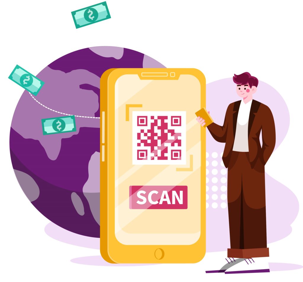 illustration of man with phone scannng QR code with money flying out of the phone.