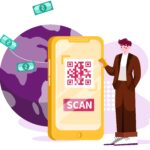 illustration of man with phone scannng QR code with money flying out of the phone.