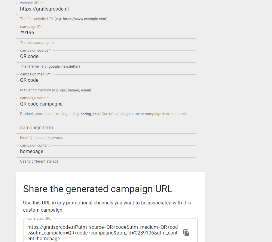 Homepage of campaign URL builder