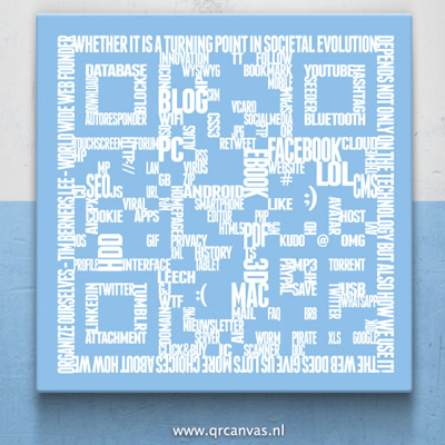 White QR code on a blue canvas in the shape of a wordcloud