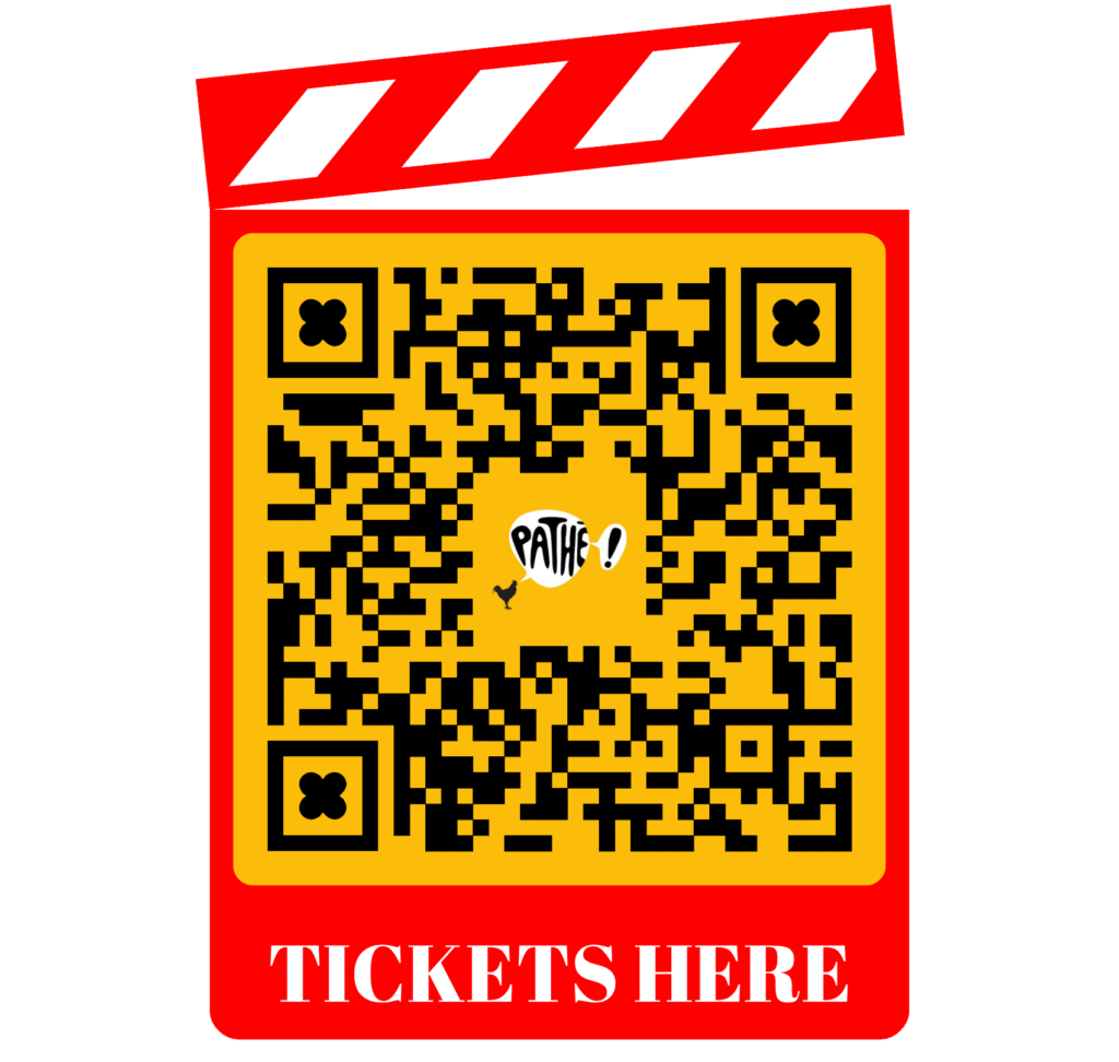 QR code with pathé brand colors and with pathé logo, with a frame with the text "tickets here".