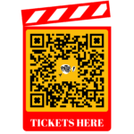 QR code with pathé brand colors and with pathé logo, with a frame with the text "tickets here".