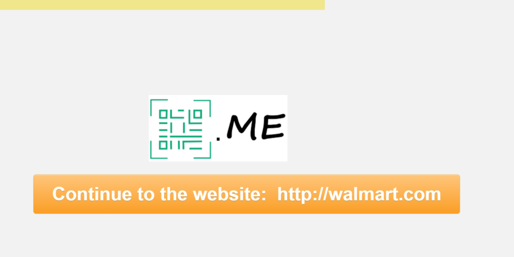Screenshot of redirection page for free dynamic QR codes, which is a blank page with the QRcode.me logo, and a button with the text "Continue to the website: https://walmart.com".