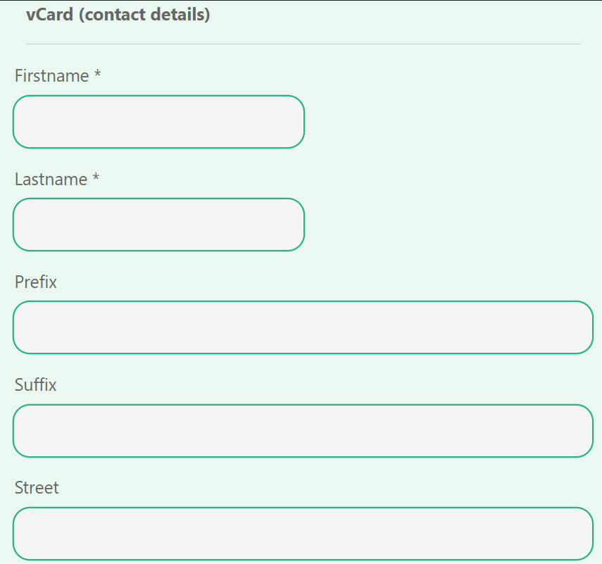 Screenshot of the QRcode.me vCard generating platform. 5 columns with the names "firstname" "last name" "prefix" "suffix" and "street" are present