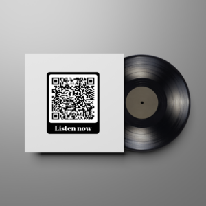 Vinyl record with album cover, with QR code with text 'listen now' on the cover.