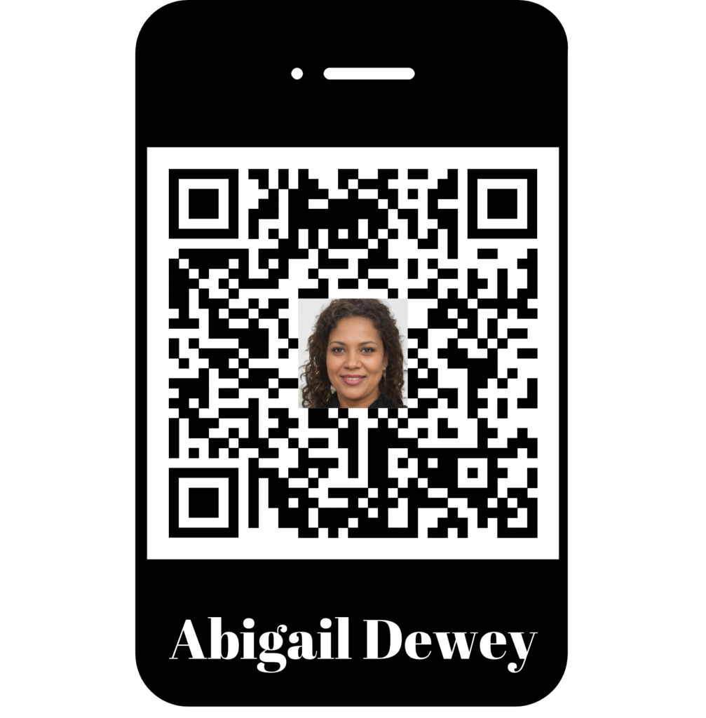QR-code in Iphone frame with a profile picture in the centre, with the frame text "Abigal Dewey".
