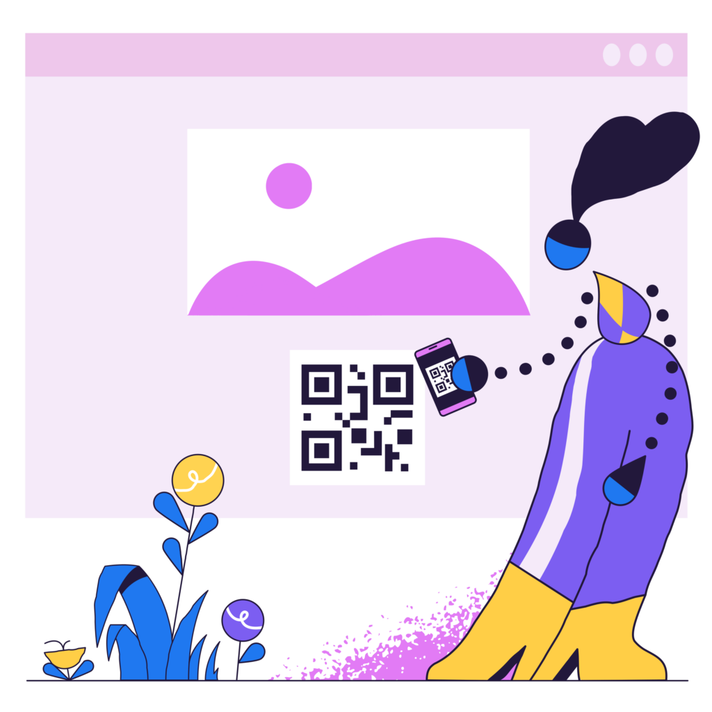 Illustration of a woman scanning a QR code underneath a picture on a website