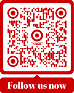 Dynamic QR code with target brand colors, target logo, and a frame with the text "follow us now".