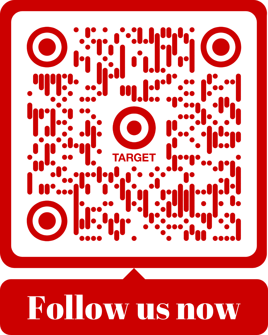 Dynamic QR code with target brand colors, target logo, and a frame with the text "follow us now".