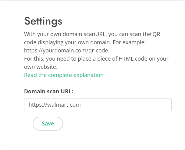 Screenshot of the account page, where the scan URL settings can be changed.