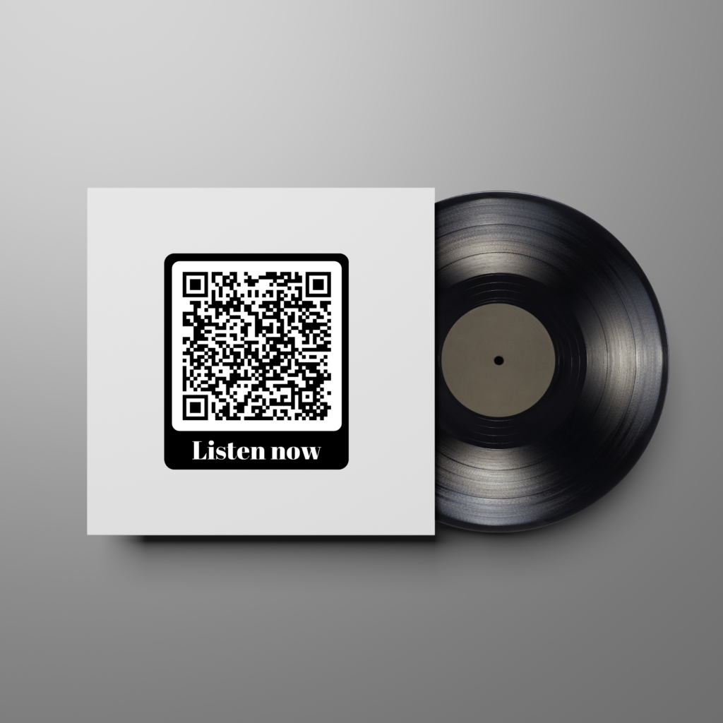 A whitealbum cover with a QR code with the text "Listen now" with a vinyl slightly out of the album cover