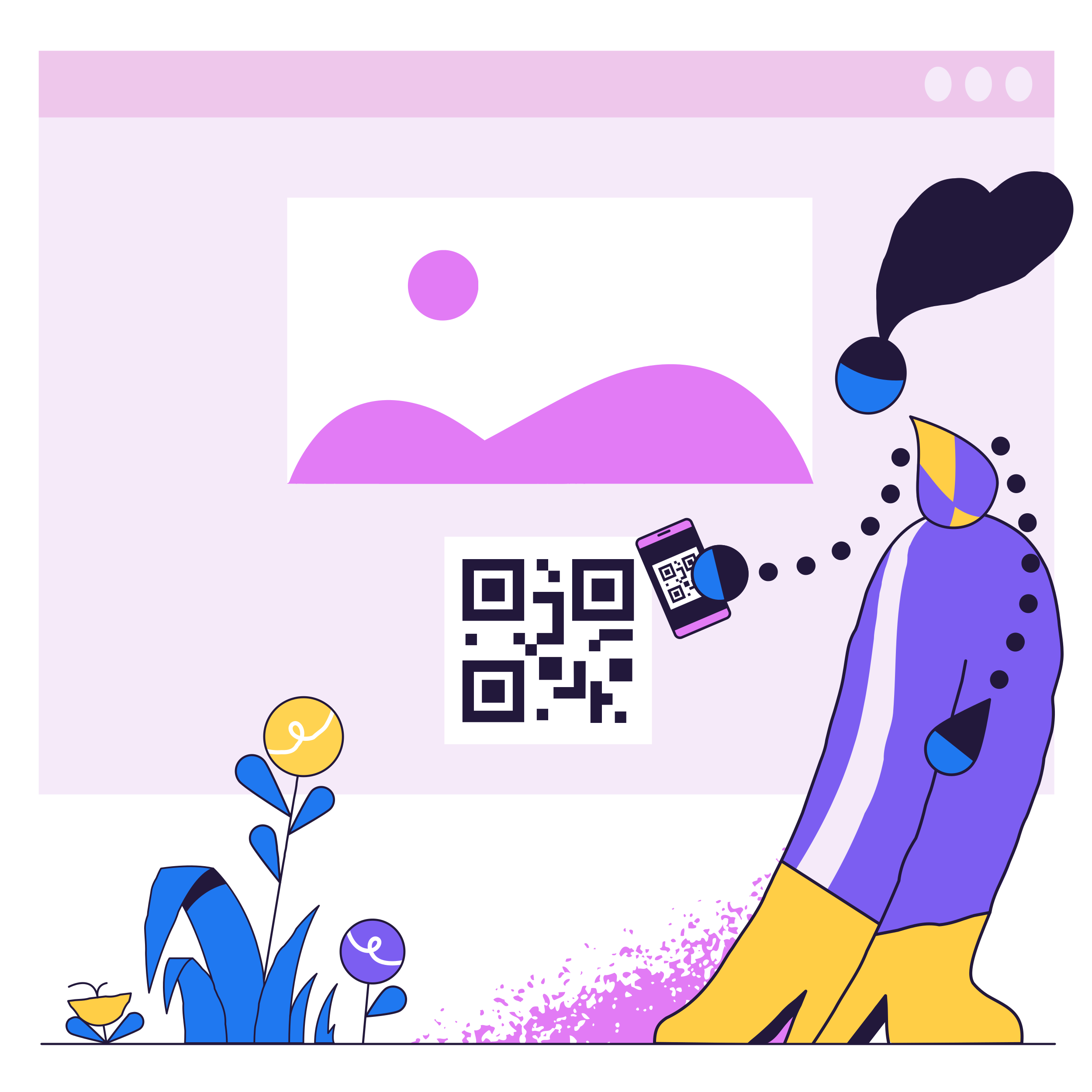 Animation of a woman scanning a QR code on a computer screen.