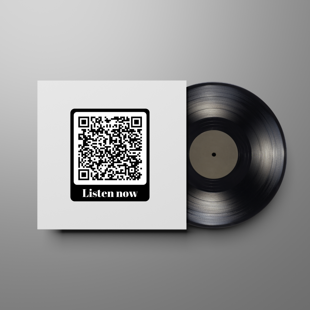A white LP cover with a QR code on it. Just below the QR code, the text "listen now" is written. A black LP record is partially out of the cover.