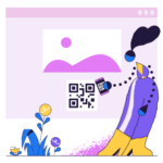 Animation of a woman scanning a QR code on a computer screen.
