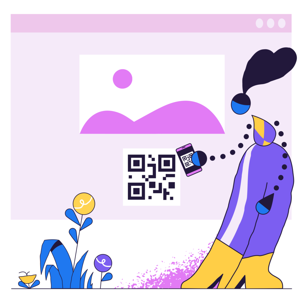 Animation of a woman scanning a QR code on a computer screen.