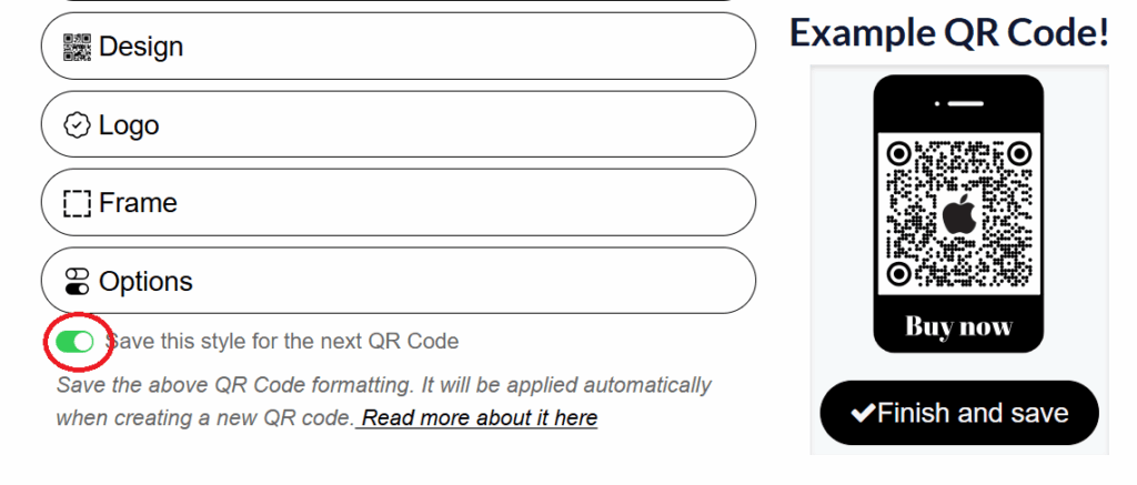 Screenshot of home page of QRcode.me where the button 'save style' is turned on.