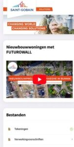 Screenshot of a webpage from Saint Gobain, where a logo, banner and slogan are visible. Underneath you can see a Youtue Video and different files about a construction project
